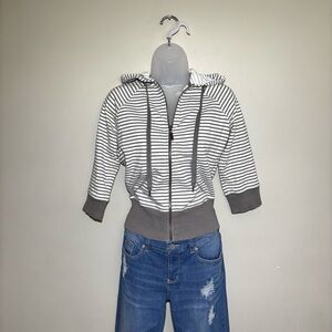 Norma Kamali Gray White Striped Cropped Hooded Sweater Jacket Zip up Stylish